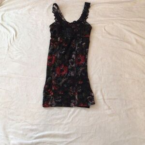 Floral Lace-Detail Black Dress with Red Accents